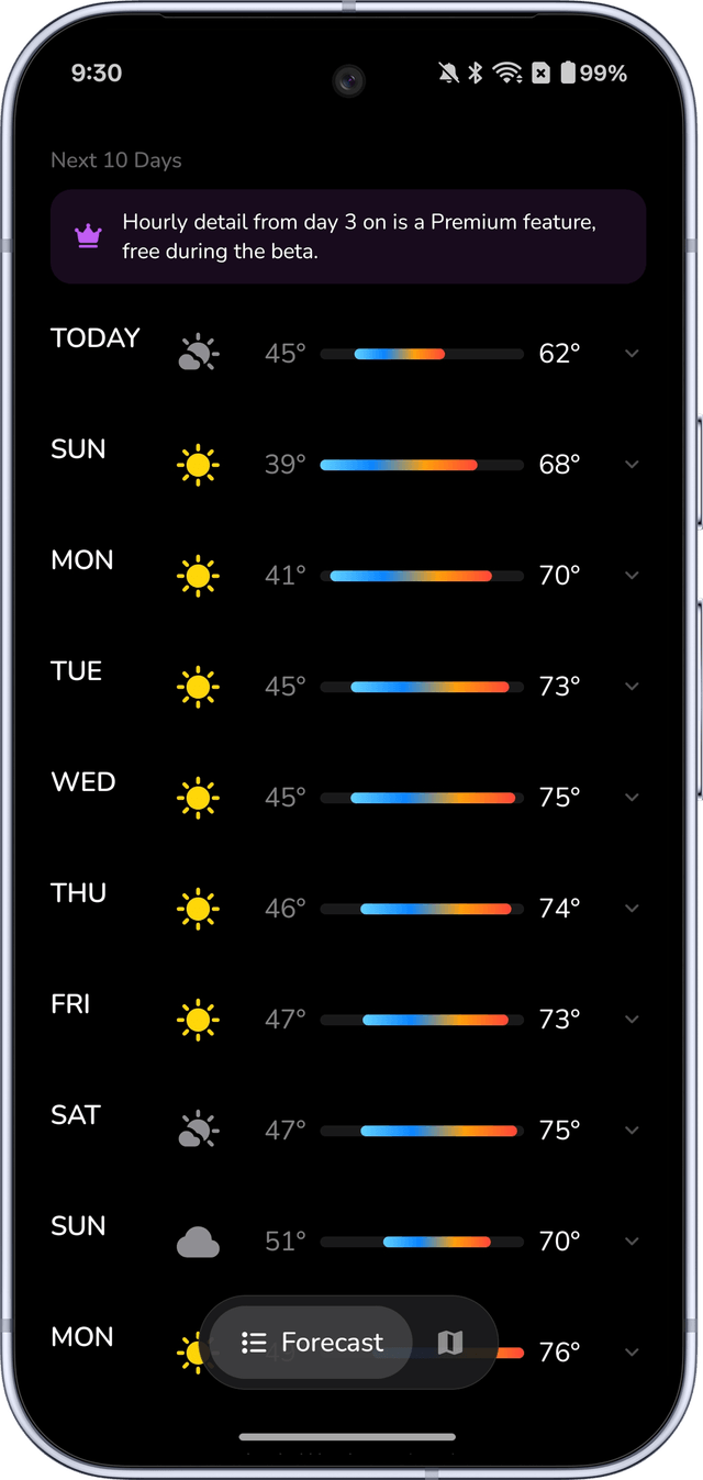 Ten-day forecast in Unbrella for Android with daily high and low temperature bars