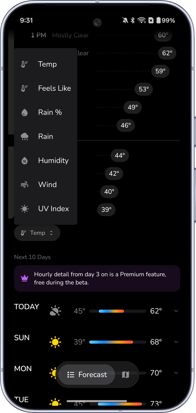 Hourly forecast metric menu in Unbrella for Android with temperature, feels like, rain, humidity, wind and UV index