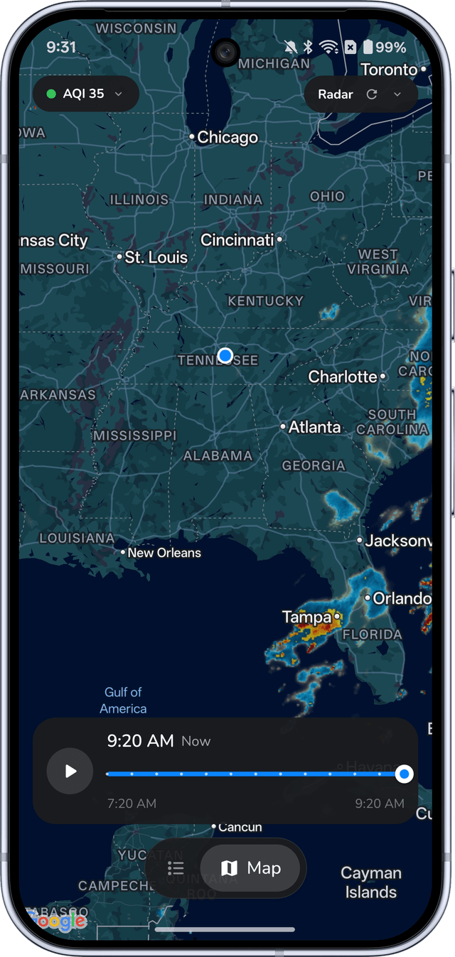 Unbrella for Android radar map with air quality, a playback timeline and storms over Florida