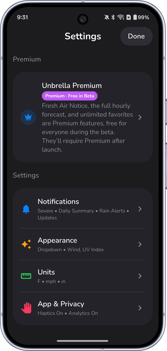Unbrella for Android settings with Premium, notifications, appearance, units and privacy options
