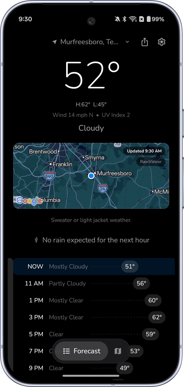 Unbrella for Android showing current temperature, conditions, a radar preview and the hourly forecast