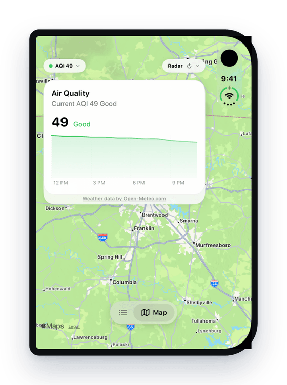 Unbrella map on a folded iPhone Duo with an air quality card showing a reading of 49, Good