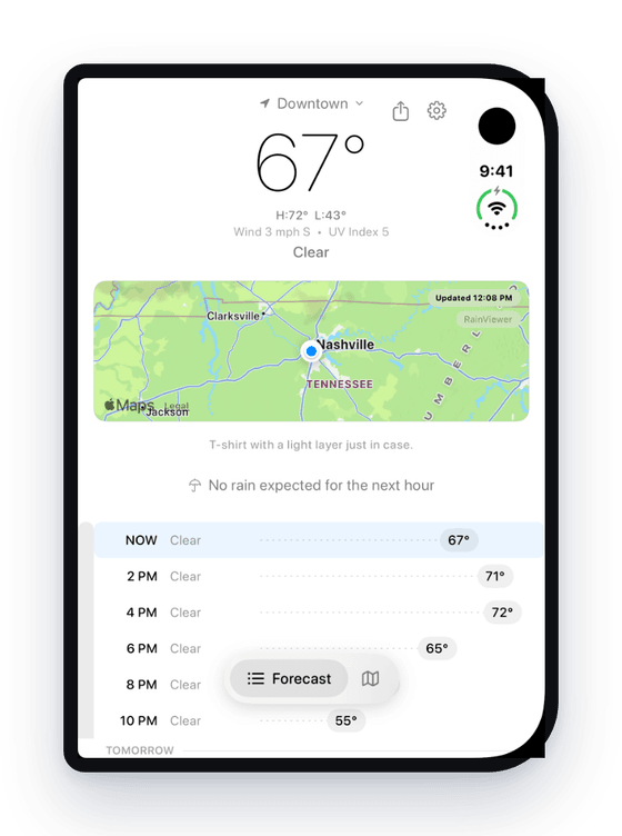 Unbrella on a folded iPhone Duo showing the current temperature, a radar preview and the hourly forecast