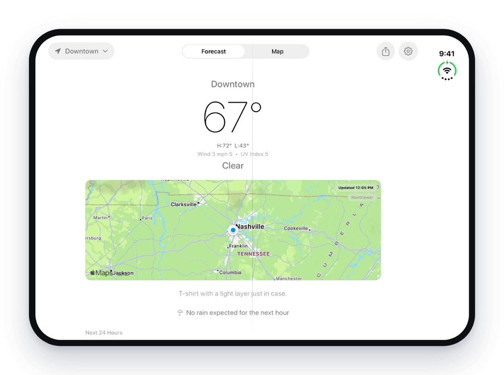 Unbrella on an unfolded iPhone Duo showing current conditions and a wide radar preview
