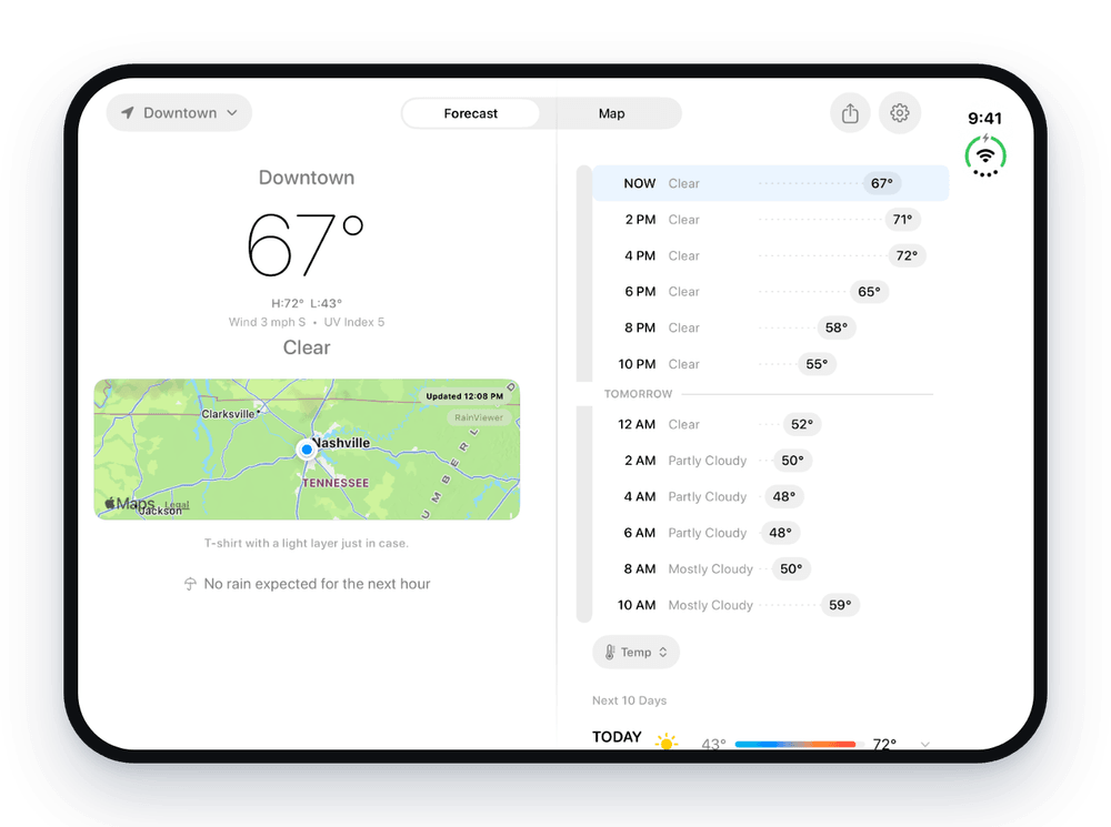 Unbrella on a partly folded iPhone Duo with current conditions on one side and the hourly forecast on the other