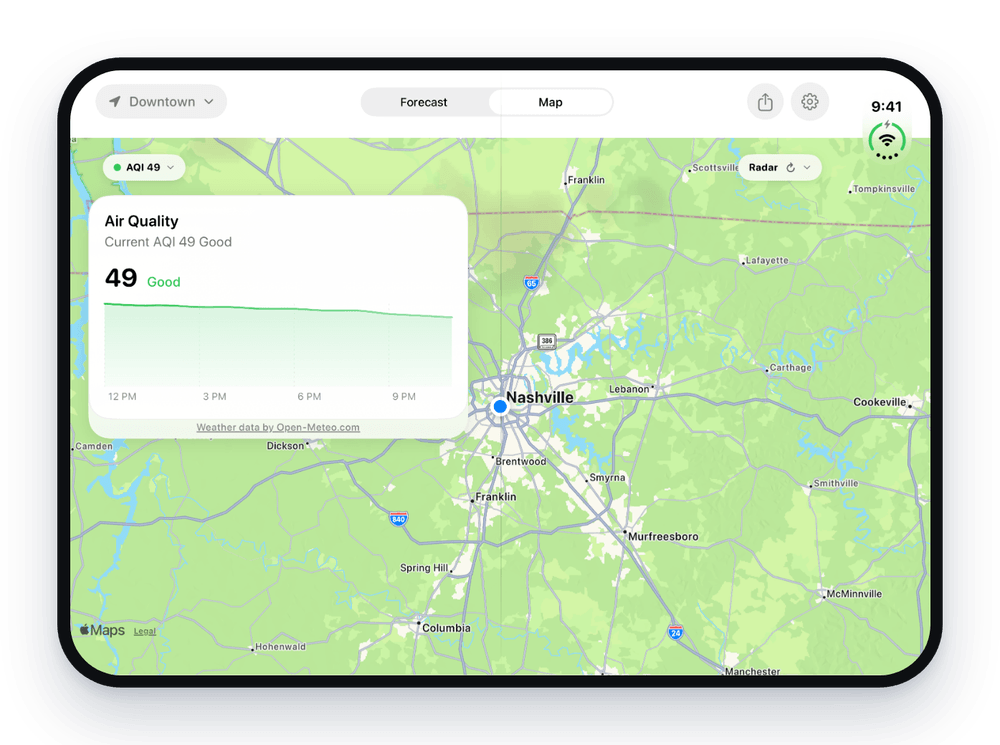 Unbrella map filling an unfolded iPhone Duo screen with an air quality card