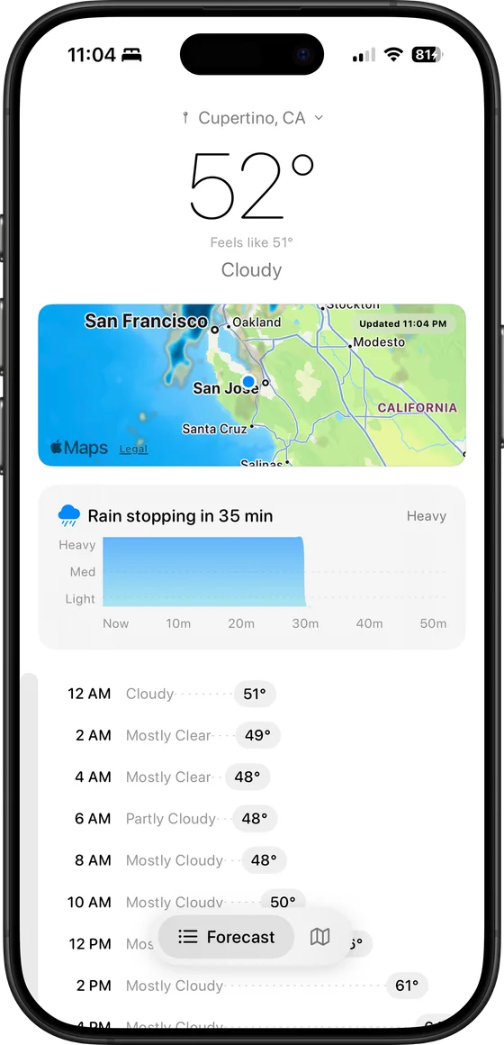 Unbrella iOS weather app showing minute-by-minute rain forecast