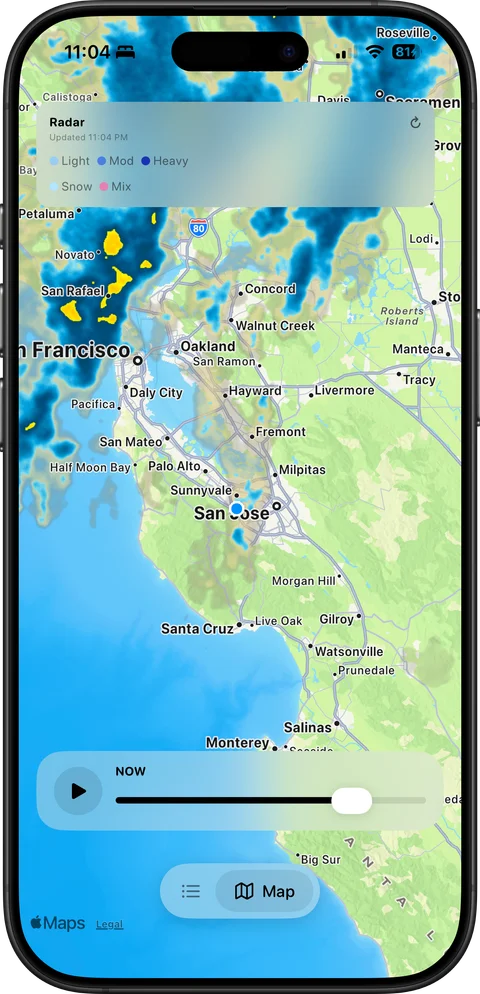 Rain radar in Unbrella showing storm movement
